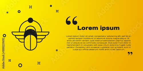 Black Egyptian Scarab icon isolated on yellow background. Winged scarab Beetle and sun. Vector