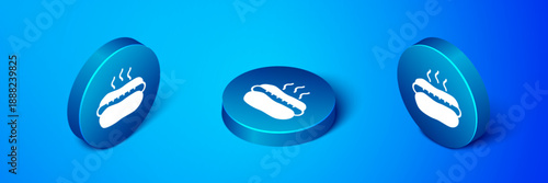 Isometric Hotdog sandwich with mustard icon isolated on blue background. Sausage icon. Fast food sign. Blue circle button. Vector