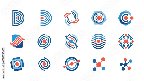 Collection of fifteen abstract geometric icons featuring blue and red circular and linear designs