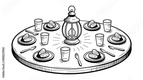 Traditional dinner setting with lantern isolated on white background, Vector