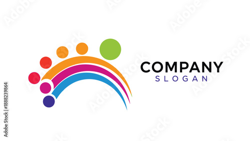Colorful abstract logo design featuring an upward sweeping rainbow arc with distinct round elements