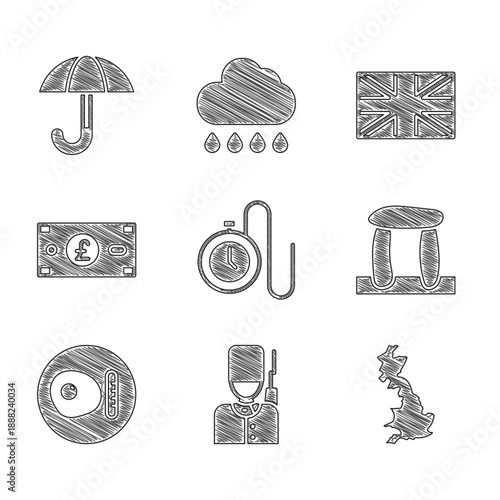 Set Watch with a chain, British soldier, England map, Stonehenge, breakfast, Pound sterling money, Flag of Great Britain and Umbrella icon. Vector