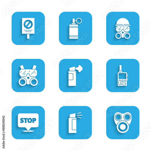 Set Pepper spray, Gas mask, Walkie talkie, Protest, and icon. Vector