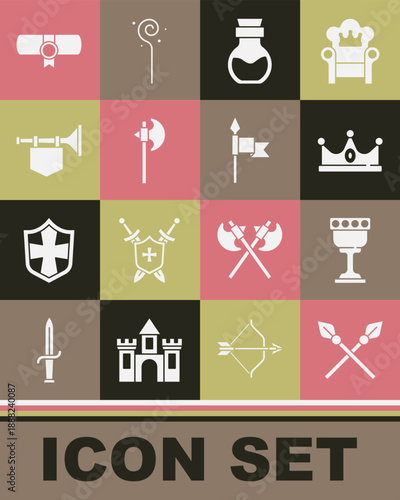 Set Crossed medieval spears, Medieval goblet, King crown, Poison bottle, axe, Trumpet with flag, Decree, parchment, scroll and icon. Vector