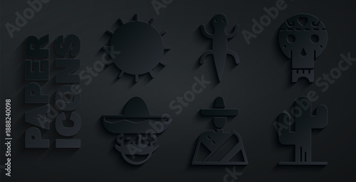 Set Mexican man sombrero, skull, Cactus, Lizard and Sun icon. Vector