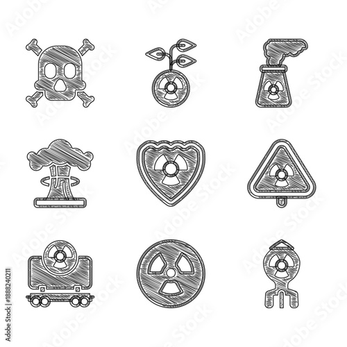 Set Radioactive in shield, Nuclear bomb, Triangle with radiation, cargo train, explosion, power plant and Bones and skull warning icon. Vector