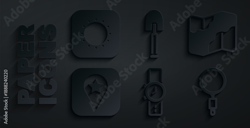 Set Wrist watch, Camping and hiking on map, Location for camping, Magnifying glass, Shovel and Sun icon. Vector