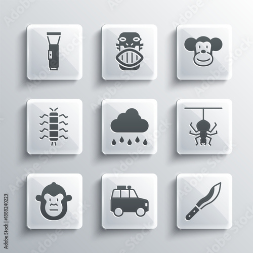 Set Car, Machete, Spider, Cloud with rain, Monkey, Centipede insect, Flashlight and icon. Vector