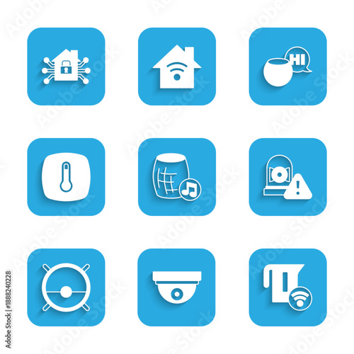 Set Voice assistant, Motion sensor, Smart electric kettle, Ringing alarm bell, Robot vacuum cleaner, Thermostat, and home icon. Vector