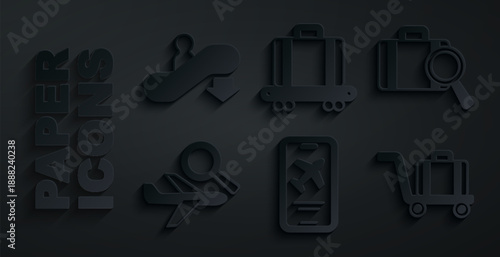 Set Mobile with ticket, Lost baggage, Airplane search, Trolley, Conveyor belt suitcase and Escalator down icon. Vector