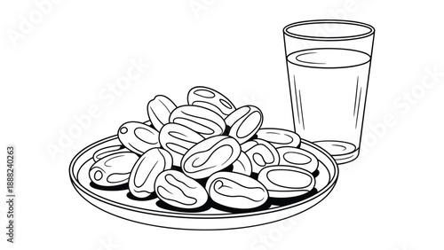 Plate of almonds with a glass of water isolated on white background, Vector