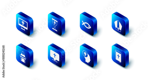 Set Christian chalice, fish symbol, Pope hat, Holy bible book, Priest, Location church building, Church pastor preaching and cross monitor icon. Vector
