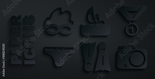 Set Flippers for swimming, Medal, Swimming trunks, Photo camera, Windsurfing and Glasses icon. Vector