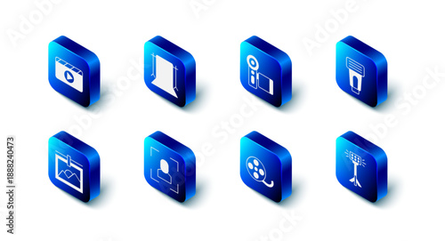 Set Empty photo studio, Cinema camera, Photo flash, Studio light bulb softbox, Film reel, Camera focus frame line, and Movie clapper icon. Vector