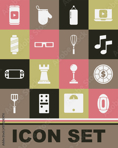 Set American Football ball, Casino chips, Music note, tone, Punching bag, Cinema glasses, Sewing thread spool, Online play video and Kitchen whisk icon. Vector