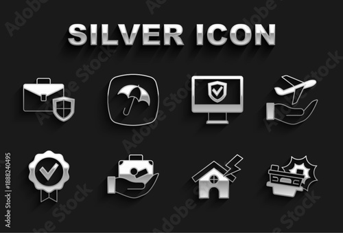 Set Travel suitcase in hand, Plane, Car accident, House lightning, Approved check mark, Insurance online, Briefcase with shield and Umbrella icon. Vector
