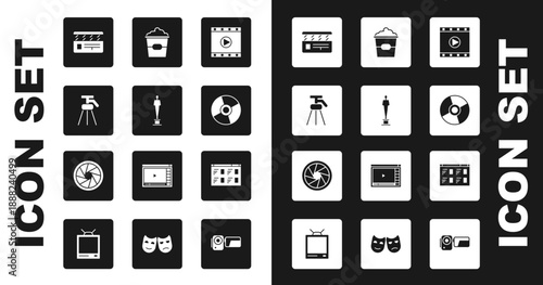 Set Play Video, Movie trophy, Tripod, clapper, CD or DVD disk, Popcorn in box, Online play video and Camera shutter icon. Vector