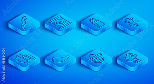 Set line Snake, Beans in can, Burrito, Hot chili pepper pod, Mexican man sombrero, Lizard, Pinata and skull icon. Vector