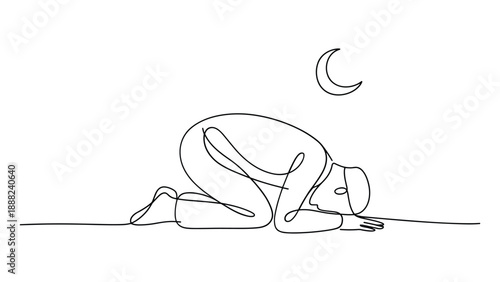 Person in prayer position under moonlight isolated on white background, Vector