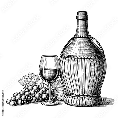 Wine bottle with glass and grapes in vintage sketch style  
