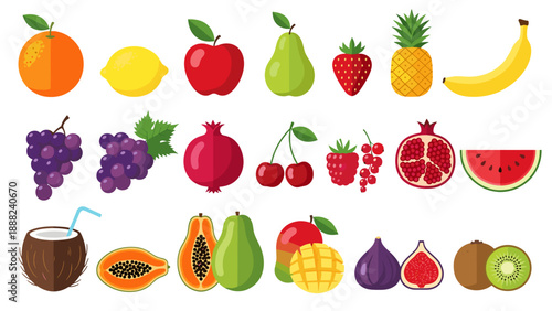 Colorful variety of fruits in flat design with coconut drink