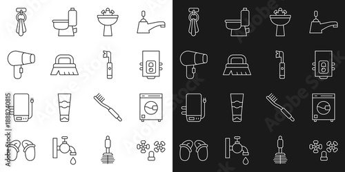 Set line Water tap, Washer, Gas boiler, Washbasin with water, Brush for cleaning, Hair dryer, Towel on hanger and Electric toothbrush icon. Vector