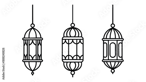 Three decorative hanging lanterns isolated on white background, Vector