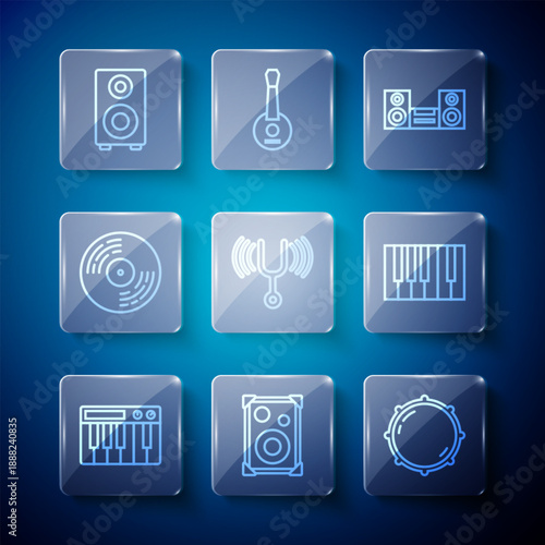 Set line Music synthesizer, Stereo speaker, Dial knob level, Home stereo, Musical tuning fork, Vinyl disk, and Grand piano icon. Vector