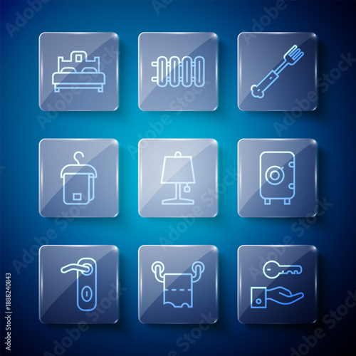 Set line Door handle, Toilet paper roll, Hotel door lock key, Fork, Table lamp, Towel on hanger, Bedroom and Safe icon. Vector