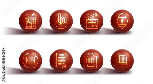 Set line City landscape, Baseball ball, American Football, Slot machine, Declaration of independence, Number 1 one fan hand glove, Patriotic top hat and Movie clapper icon. Vector