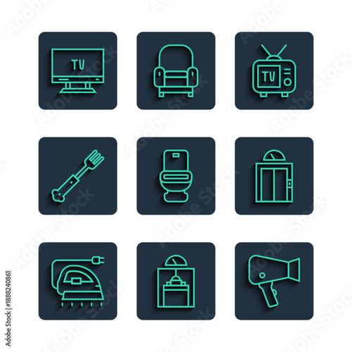 Set line Electric iron, Lift, Hair dryer, Retro tv, Toilet bowl, Fork, Smart Tv and icon. Vector