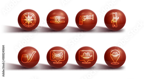 Set line Compass, Smoking pipe, Decree, parchment, scroll, Location pirate, Rope tied knot, and Vintage pistols icon. Vector