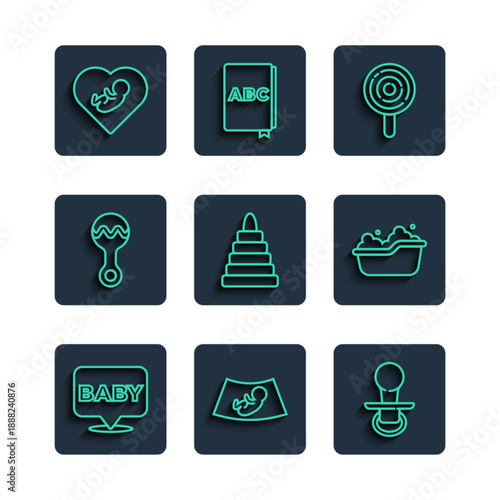 Set line Baby, Ultrasound of baby, dummy pacifier, Lollipop, Pyramid toy, Rattle, inside heart and bathtub icon. Vector