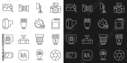 Set line Camera shutter, Photo camera flash, SD card, Softbox light, roll cartridge, retouching and timer icon. Vector