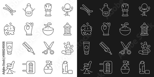 Set line Shaving gel foam, Bottle of shampoo, Barber shop pole, brush, Medical rubber gloves, soap with, Hair clip and Washbasin icon. Vector