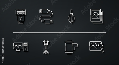 Set line Photo camera flash, retouching, frame, Camera roll cartridge, Softbox light, USB cable cord, and Dust blower icon. Vector