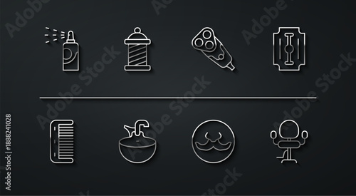 Set line Spray can for hairspray, Hairbrush, Blade razor, Mustache, Washbasin, Barber shop pole, Barbershop chair and Electric blade icon. Vector