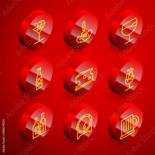 Set line Cocktail, Pickled cucumber on fork, Wine glass, Beer bottle, Cheese, Bottles of wine and Wooden barrel rack icon. Vector