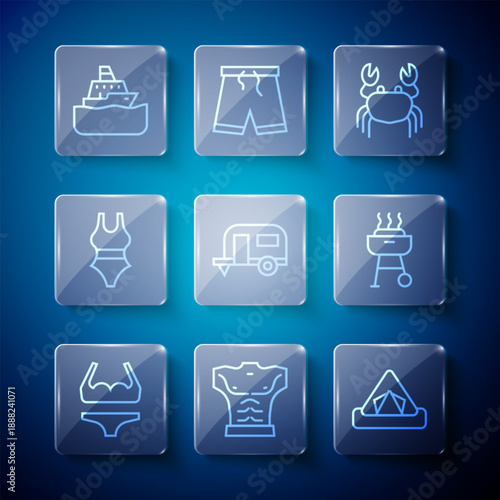 Set line Swimsuit, Bodybuilder muscle, Tourist tent, Crab, Rv Camping trailer, Cruise ship and Barbecue grill icon. Vector
