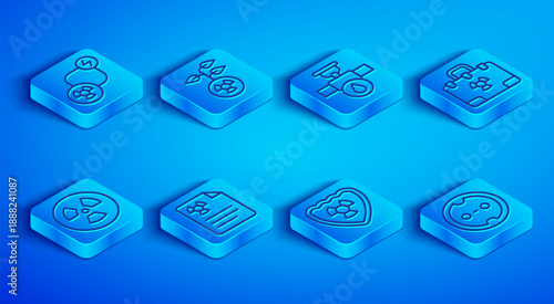 Set line Radioactive exchange energy, Industry pipe and valve, Radiation warning document, shield, nuclear suitcase, and Electrical outlet icon. Vector