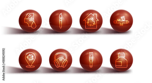 Set line Car painting, Paint spray, gun, brush, Gas mask, Paint, gouache, jar, dye and Painting the house icon. Vector