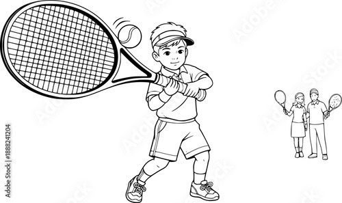 A junior tennis player (child) with an oversized racket, hitting a ball, family sport theme.
