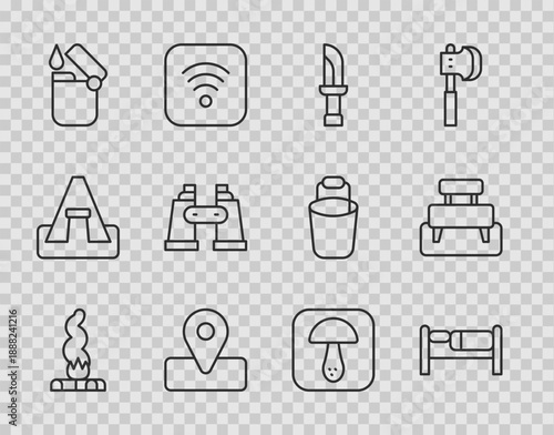 Set line Campfire, Bed, Knife, Location for camping, Lighter, Binoculars, Mushroom and Bench icon. Vector