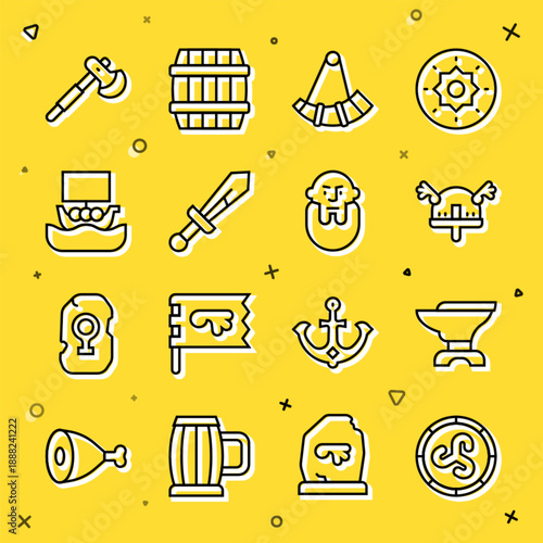 Set line Shield viking, Anvil for blacksmithing, Viking horned helmet, Hunting, Medieval sword, ship Drakkar, Wooden axe and head icon. Vector