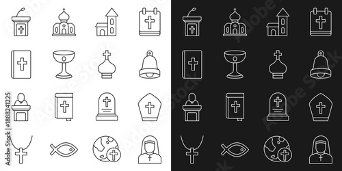 Set line Nun, Pope hat, Church bell, building, Christian chalice, Holy bible book, sermon tribune and church tower icon. Vector