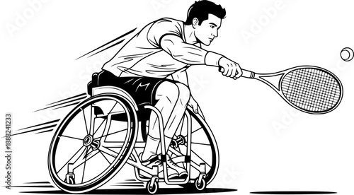 A wheelchair tennis player in a dynamic leaning pose, hitting a forehand shot.
