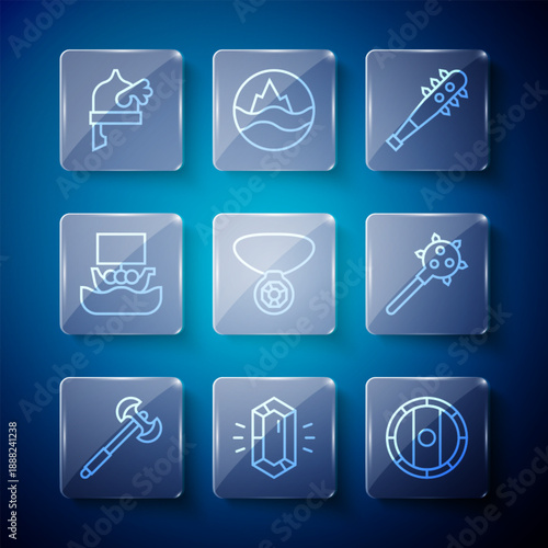Set line Medieval poleaxe, Gem stone, Shield viking, Mace with spikes, Necklace gem, Viking ship Drakkar, horned helmet and icon. Vector