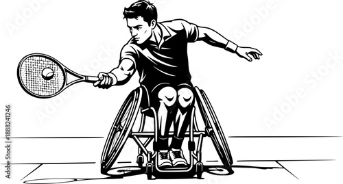 A wheelchair tennis player in a dynamic leaning pose, hitting a forehand shot.
