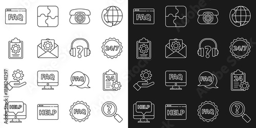 Set line Unknown search, Checklist with 24 hours service, Clock, Telephone, Envelope setting, Browser FAQ and Headphones icon. Vector