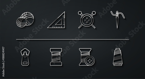 Set line Yarn ball, Zipper, Needle for sewing with thread, Sewing and button, Triangular ruler, and knitting needles icon. Vector